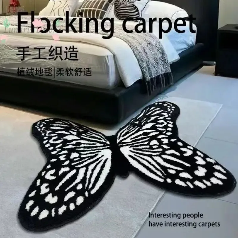 Flocking knitted butterfly carpet sofa bedroom bedside carpet soft warm long haired butterfly floor mat