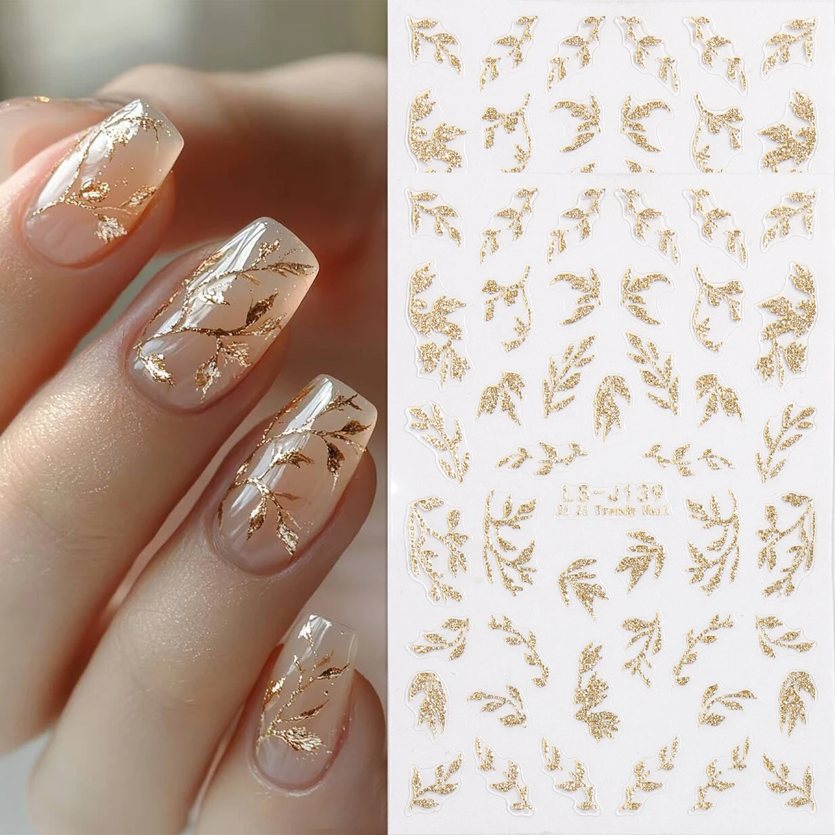 Golden Brozing Leaf Branches 3D Nail Sticker Silver Flower Slash Maple Leaves Ginkgo Plant Floral Transfer Slider Manicure Decal
