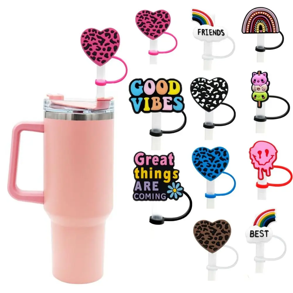 2pcs Silicone Leopard Print Heart Straws Tips Dustproof Splash Proof Rainbows Straw Toppers Reusable Straw Cover Best Friends