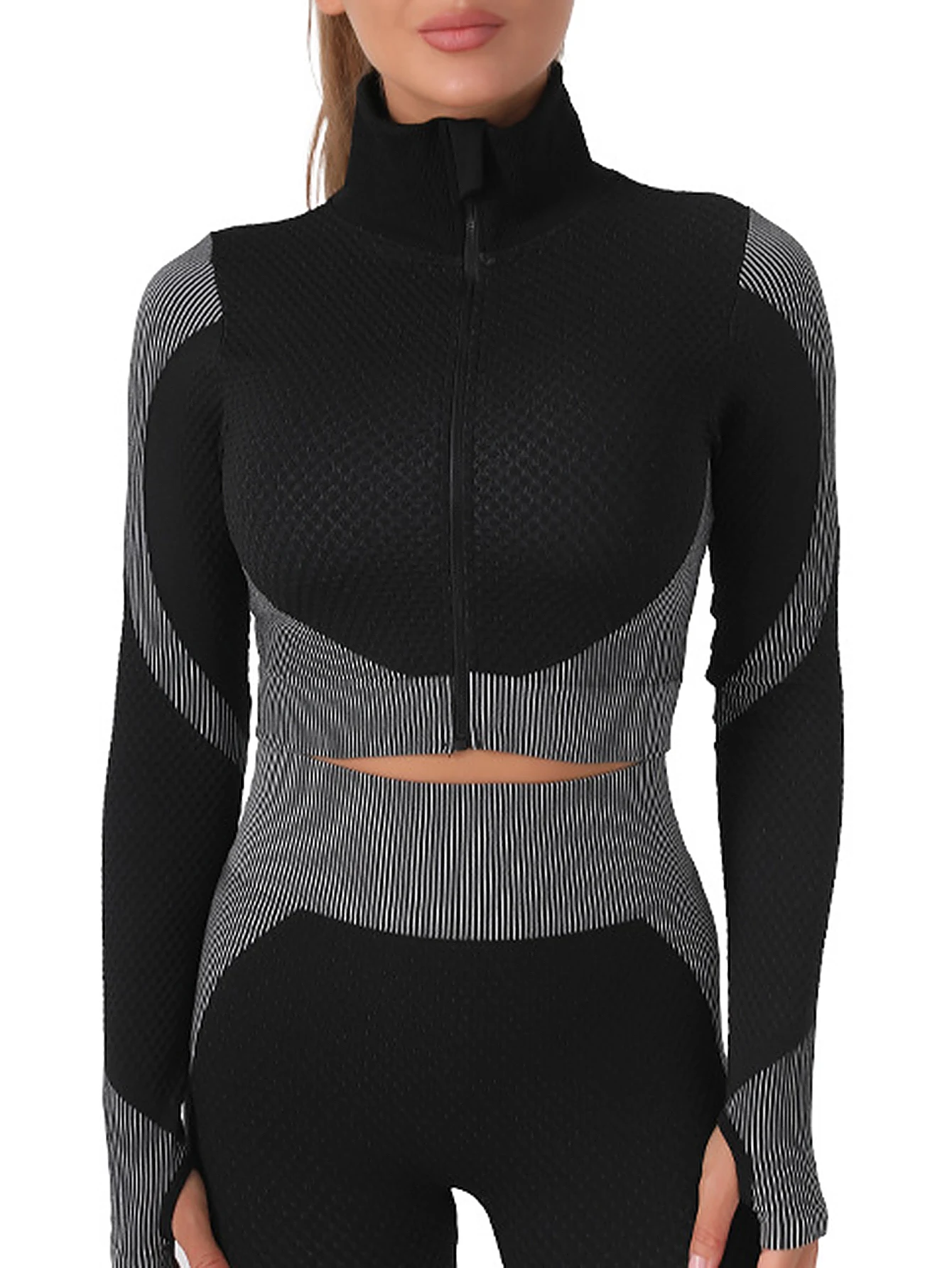 Modieuze cropset met lange mouwen, effen kleur, hoge taille, ritssluiting, volledige lengte, ronde hals, dagelijkse outfit