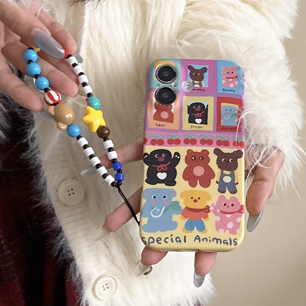 

New INS Cartoon Cute Funny Animals Print Frosted Soft Phone Case For iPhone 16 15 14 13 Pro Max Protective Cover With Lanyard