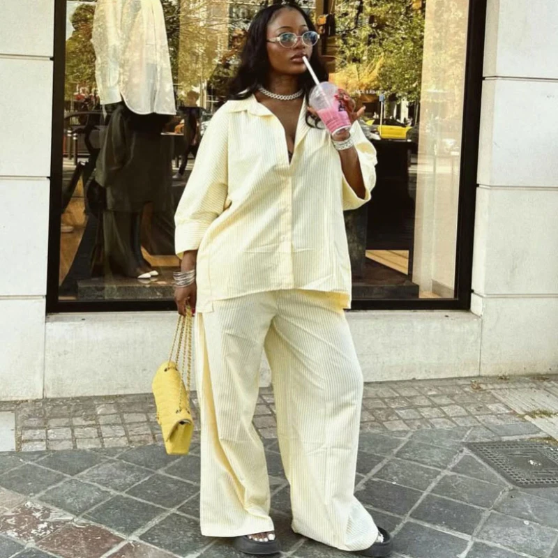 New African Fashion Women Two Piece Set Striped Printed Turn Down Collar Loose Shirt Top And Wide Leg Pants Set