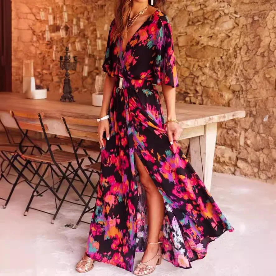 New Spring Summer Printed Dress Short-sleeved Deep V-neck Slimming Waist Mid-length Skirt Temperament Full Slit Dress