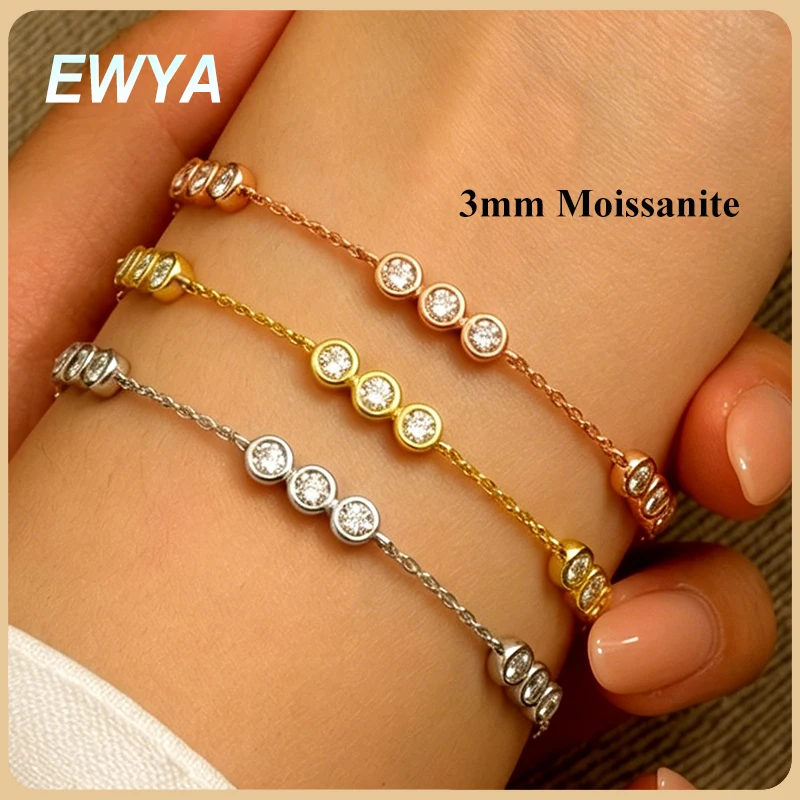 EWYA Bezel Set Full 0.1CT Moissanite Link Bracelet Women 925 Silver Certified Round Cut Lab Diamond Dainty Party Wrist Chain