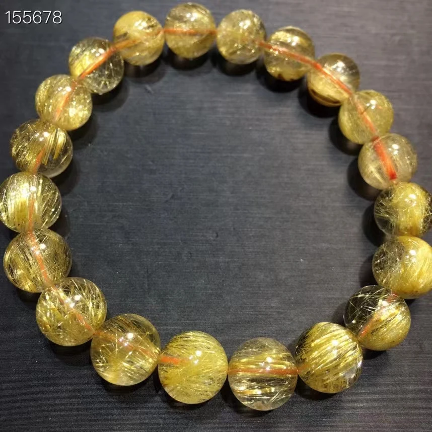 

Natural Gold Rutilated Titanium Quartz Bracelet Woman Brazil Wealthy 9.5mm Clear Round Beads Crystal Charms AAAAAA