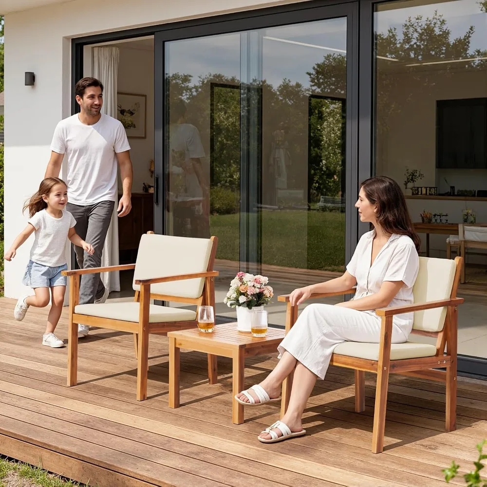 Acacia Wood Porch Chairs Set: Balcony Furniture with Table and Cushions for Outdoor Conversations