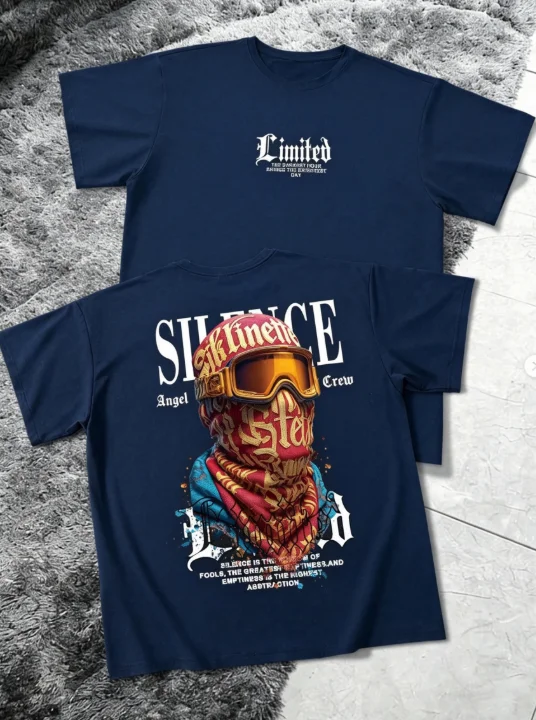 2026 Men Abstract Ski Mask Portrait Graphic T Shirt Silence Quote Back Print Streetwear Crewneck Tee