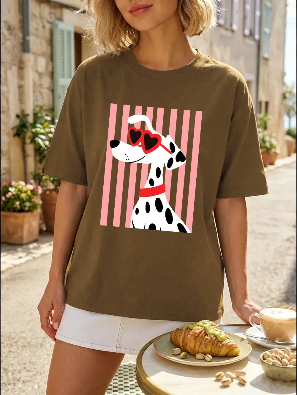 Herzförmige Sonnenbrillen Dalmatiner-Hundemotiv T-Shirts Damen Baumwolle Sommer Übergroße Oberteile O-Ausschnitt Kurzarm-T-Shirts Weiche Streetwear – Detail 30
