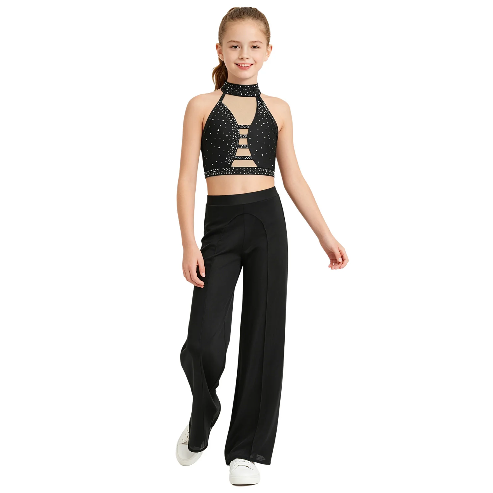 Kids Girls Lyrical Dance Outfits Halter Sparkly Rhinestones Mesh Patchwork Tank Top with Mesh Pants Set