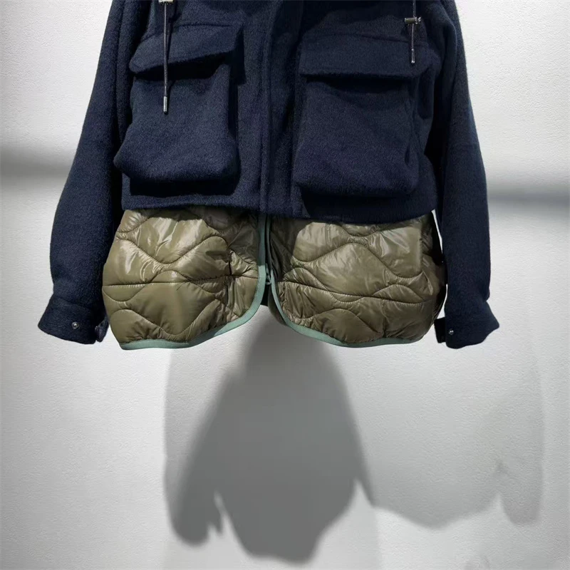 Abrigo de invierno de alta calidad para mujer, abrigo grueso de retazos cálidos de dos piezas con capucha de imitación, abrigo de algodón informal retro a la moda