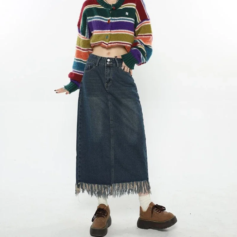 Vintage Y 2K Denim Rokken Herfst Koreaanse Hoge Taille Slanke Lange A-Lijn Kwast Gothic Rok Vrouwen Volledig Bijpassende Streetwear Outfits