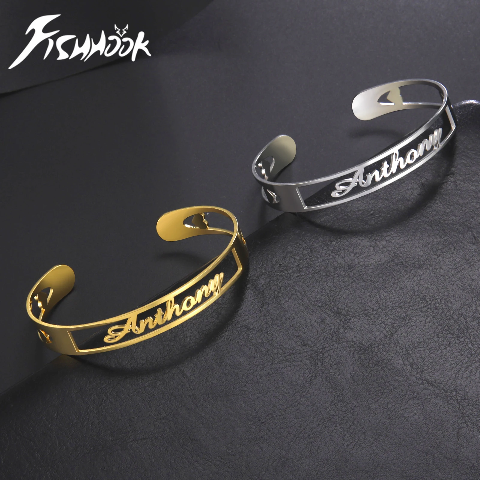 Fishhook Name Custom Bangle Personalized Bracelet Family Cuff Kid Boy Gift For Men Father Women Couple Stainless Steel Jewelry