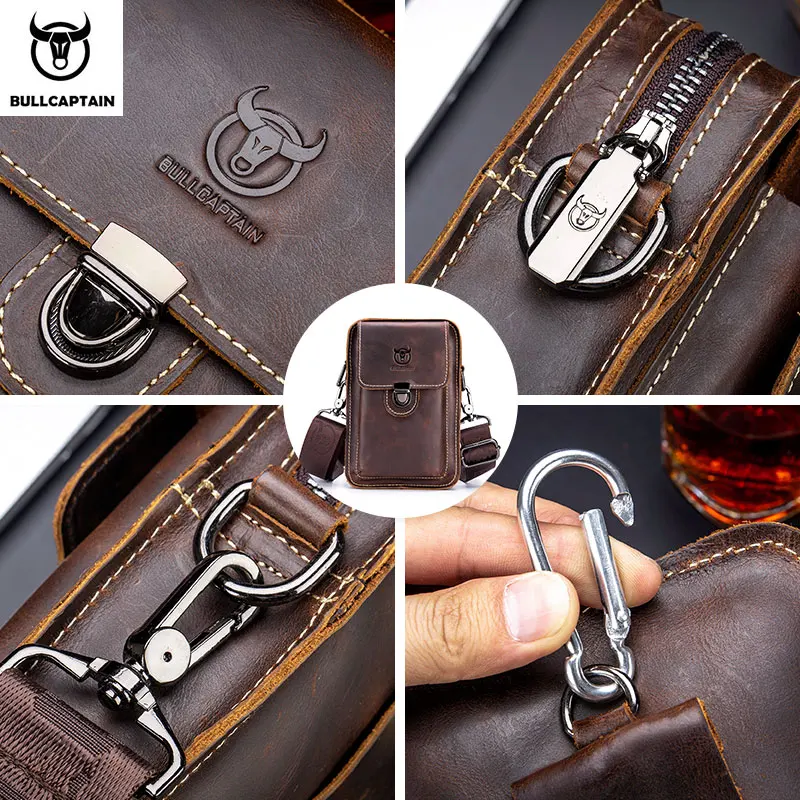 BULLCAPTAIN Crazy Horse Leather Male Waist Pack Phone Pouch Bags Waist Bag Men\'s Small Chest Shoulder Belt Bag Back Pack YB075