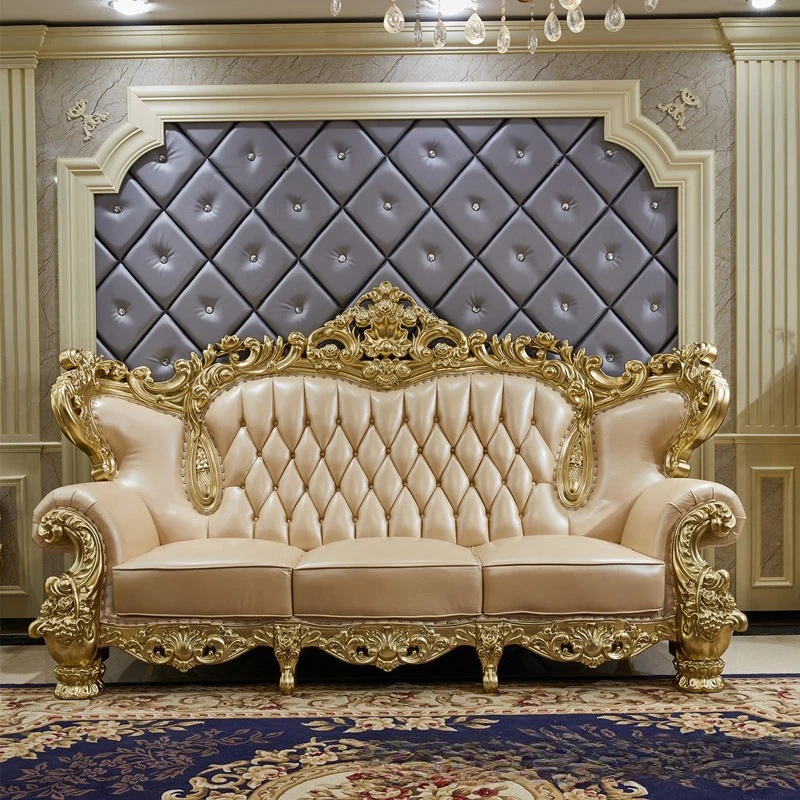 Leather sofa solid wood double-sided carved villa living room