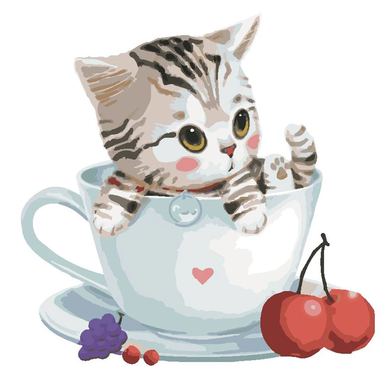 

Diy Cat And Cherry In Tea Cup Hand Painted Oil Painting Paint By Number Picture On Canvas The Canvas Print Living Room