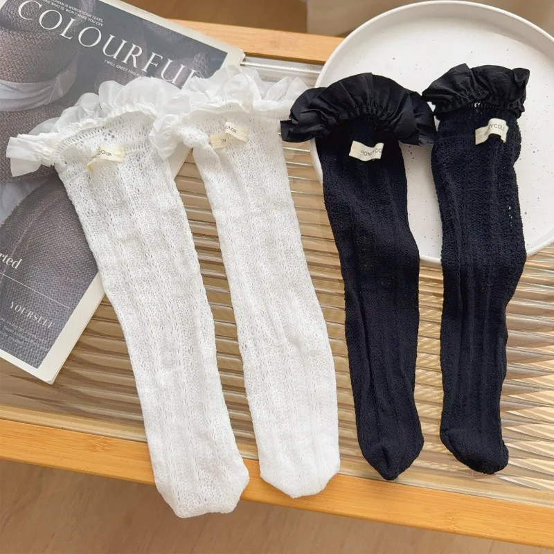 1-2Pairs JK جوارب بيضاء للنساء لوليتا نمط الدانتيل تقليم منتصف العجل جوارب تنفس الصيف رقيقة تكويم المدرسة الجوارب الطويلة