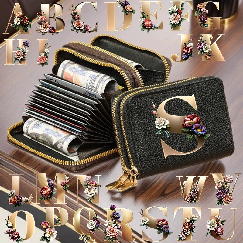 

Женский кошелек для кредитных карт с 26 буквами алфавита, модный кошелек с двойной молнией и множеством отделений для карт и монет.