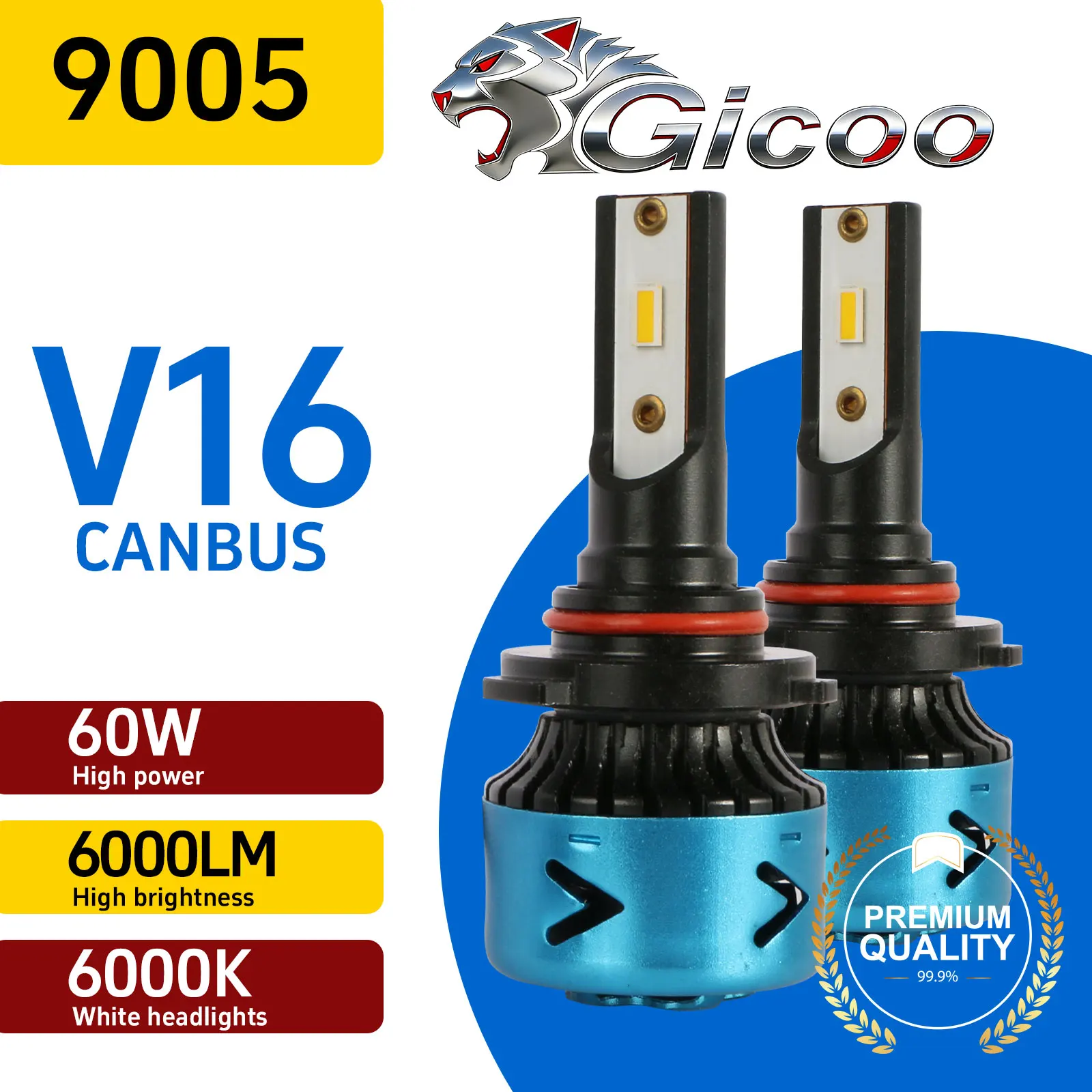 

Лампы GICOO 9005/HB3 H7, 10000 лм, высокомощные, 6000K, белый свет +600% яркости, LED, без темных пятен, IP68, водонепроницаемые, 2 шт.