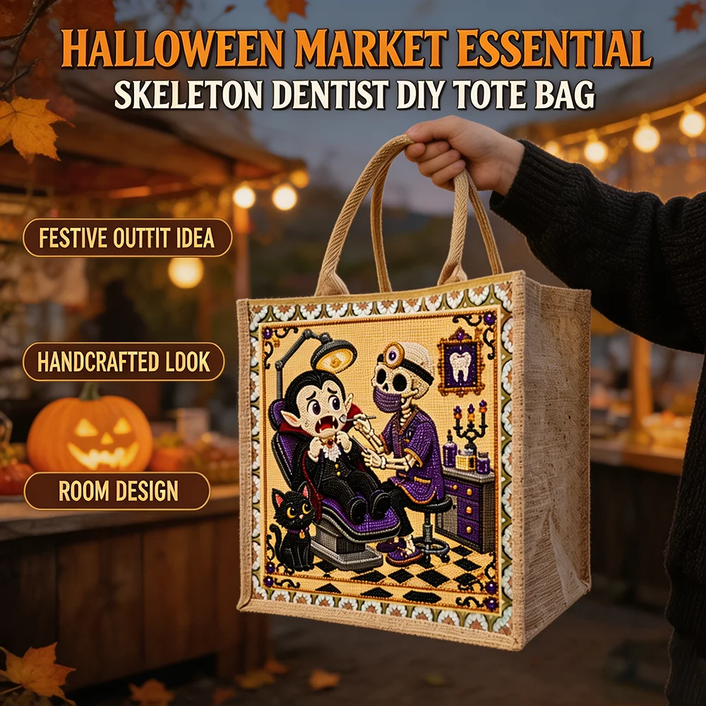 DIY Pearl Bead Diamond Jute Tote Bag Skeleton Dentist Vampire Reusable Burlap Shopping Bag Halloween Trick or Treat Candy Pouch