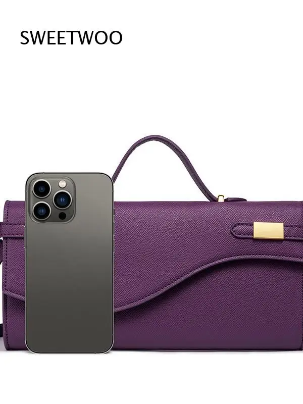 Women Purple Long Handbag Metal Decor Flap Top Handle Removable Strap Crossbody Shoulder Purse