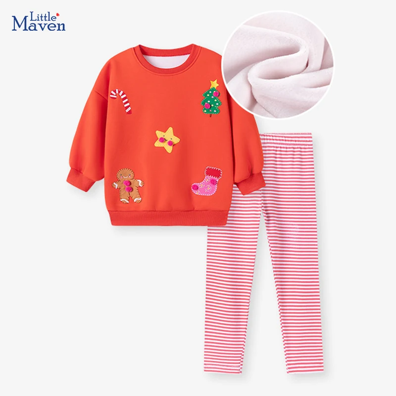 

Little maven 2025, зимняя детская одежда, хлопковая толстовка с капюшоном для маленьких девочек, рождественские плюшевые свитера + штаны, комплекты одежды для детей