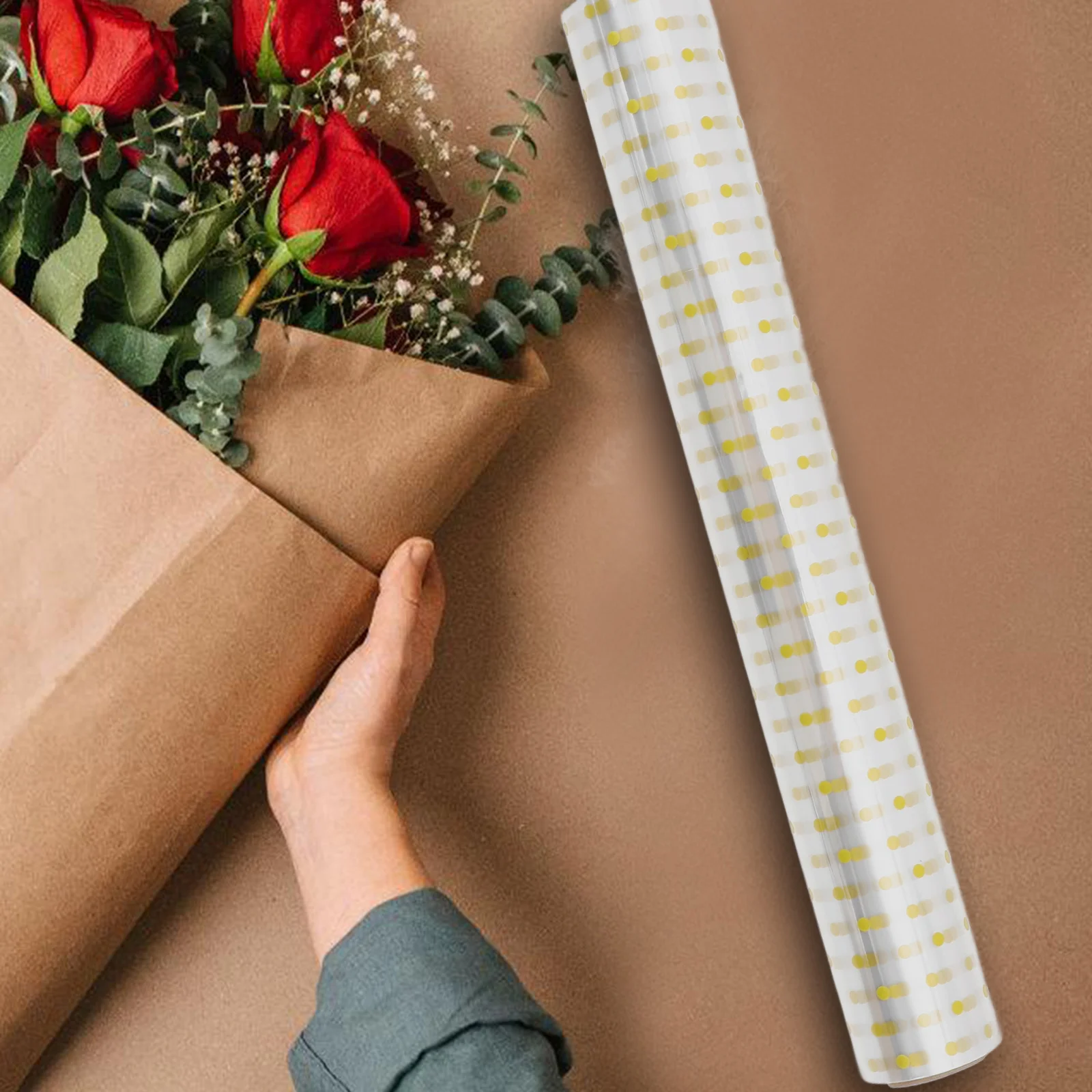 

Clear OPP Flower Wrapping Film 40mmx30m Gold Dots Dust Proof Decorative Paper Gift Packaging Bouquet Roll Craft Supplies