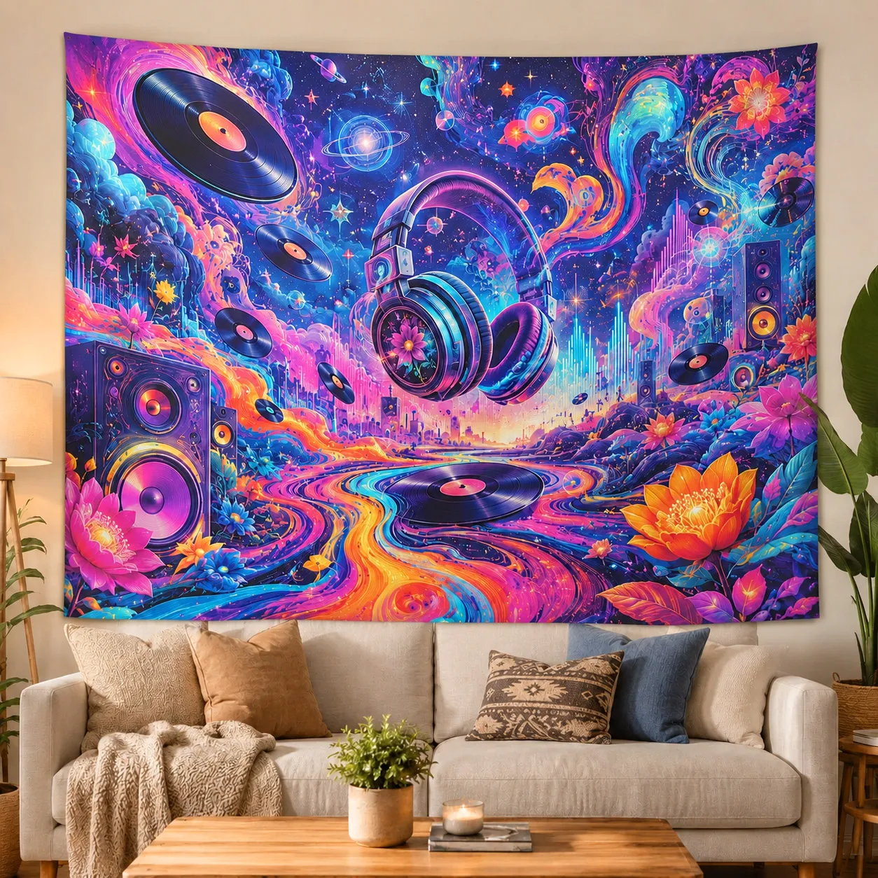 Hippie Psychedelic Tapestry Music Headphone Nebula Lotus Wall Hanging Dorm Decor