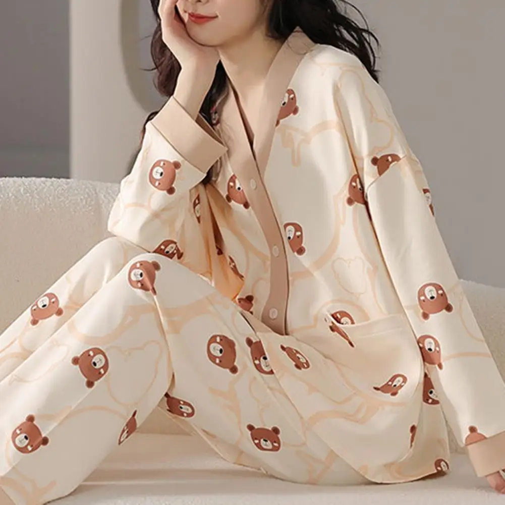 Long-sleeve Home Wear Cozy Cartoon Print Women's Winter Pajama Set with Single-breasted V Neck Elastic Waist Soft Long for Cold