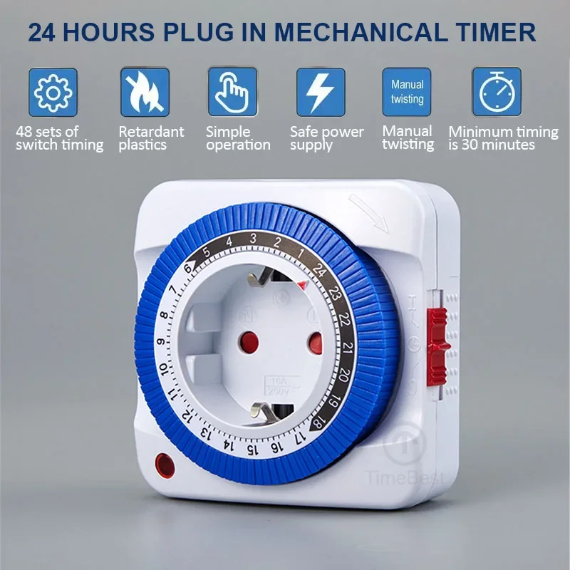 EU/US 24 Hours Timer Switch Timer Plug in Mechanical Grounded Programmable Smart Countdown Loop Switch Socket Auto Power off