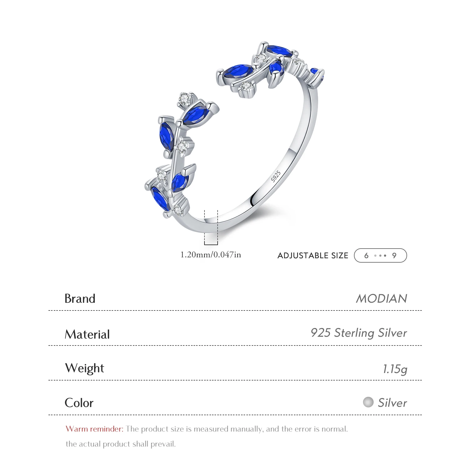 MODIAN 925 Sterling Silver Delicate Pianta Foglie Royal Blue Zircone Anelli di barretta regolabili per le donne Gioielleria raffinata