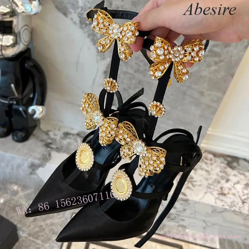 New Niche Gold Ornaments Embellished with Rhinestone Bows, Stiletto Heels, Fashionable Ladylike Sexy Women's Sandals