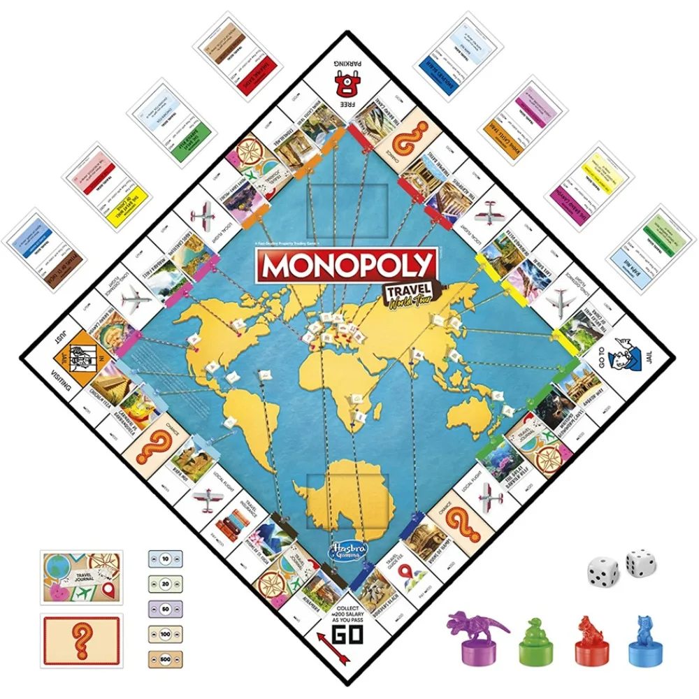 Hasbro Gaming Monopoly World Tour Board Game with Token Stampers Dry-Erase Strategy Classic Gameboard Family Kids Party Game