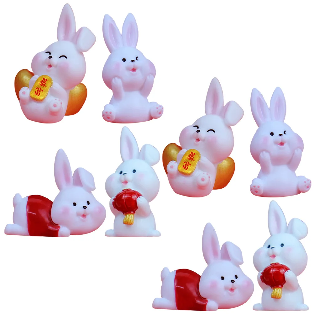 

8 Pcs Zodiac Rabbit Figurines Resin Decorations for Home Yard Garden House Micro Landscape Cartoon Bunny Toys Year Gift