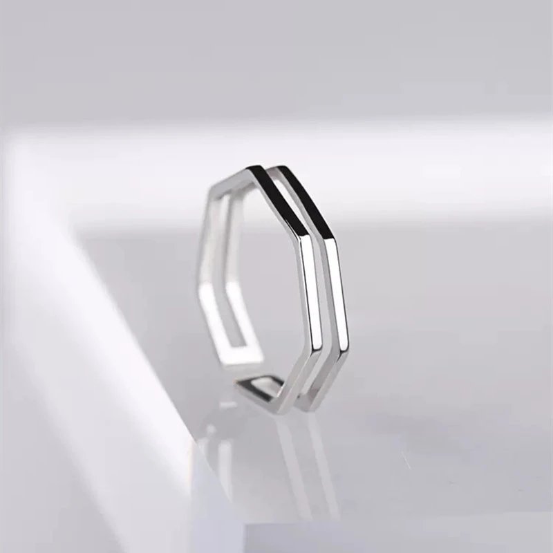 Simple Geometry Heptagon Silver Color Temperament Resizable Opening Ring For Women Luxury Jewelry SRI008