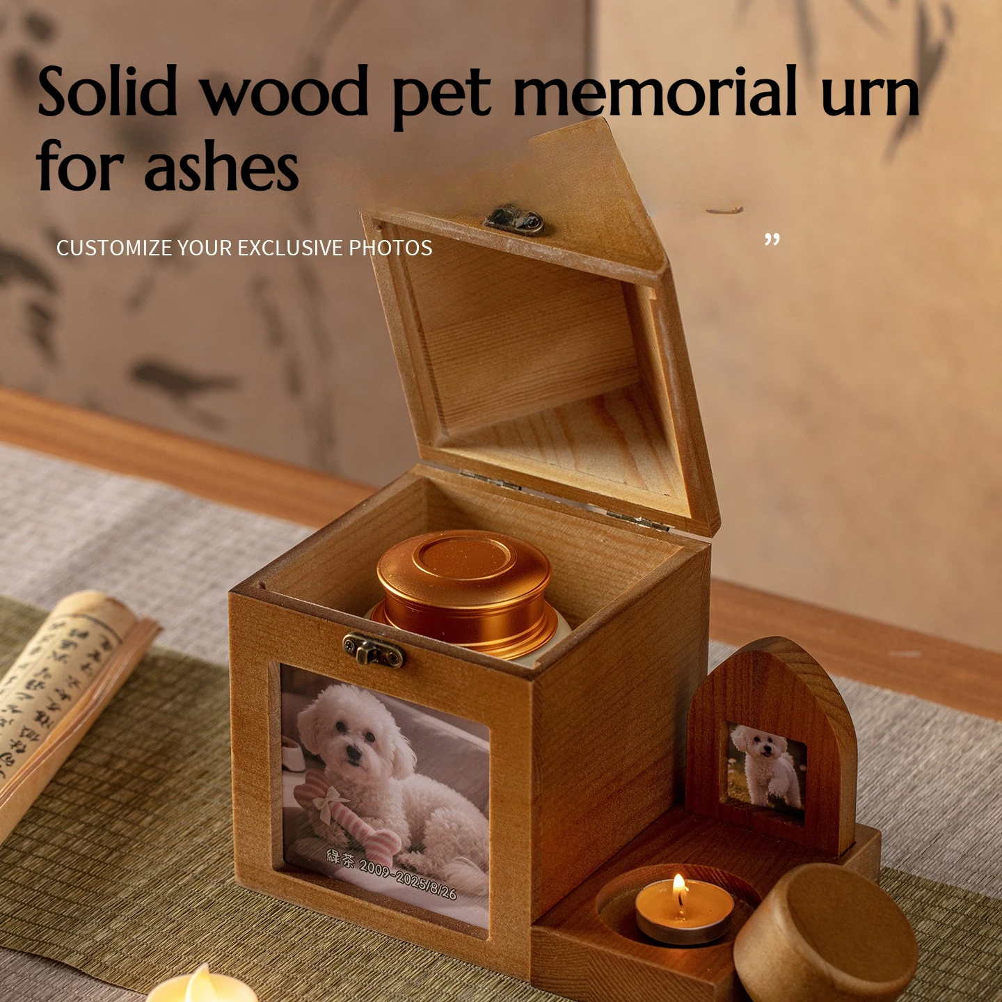 

New Pet Cremation Solid Wood Urn Photo Frame Tomb Cat and Dog Ceramic Ashes Memorial Jar Burial Items