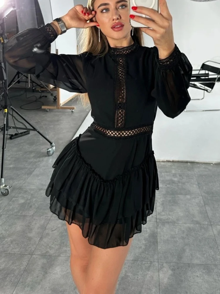 

Tossy Fashion Black Mini Dress Women Hollow Out Sexy Long Sleeve See-Through Solid High Waist Elegance Slim Party Female Dress