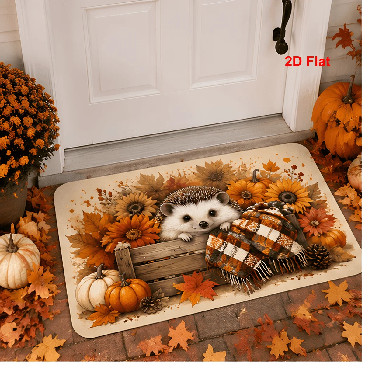 1pc Autumn Hedgehog‑Pumpkin‑Sunflower Print Area Rug, Soft Absorbent Washable Floor Mat for Kitchen, Entryway, Bedroom