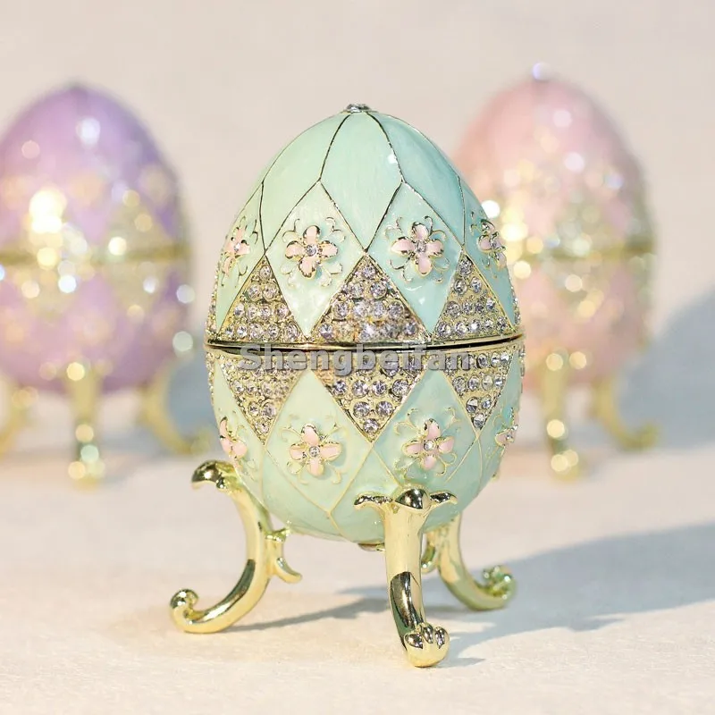 Caja de baratijas de huevos de Pascua esmaltada pintada a mano estilo huevo de Faberge, decorativa verde claro con decoración del hogar con bisagras