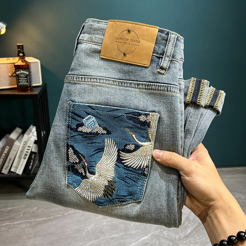

LB8518 Light luxury trend embroidery jeans men's Slim small feet new tide elastic leisure hundred trousers