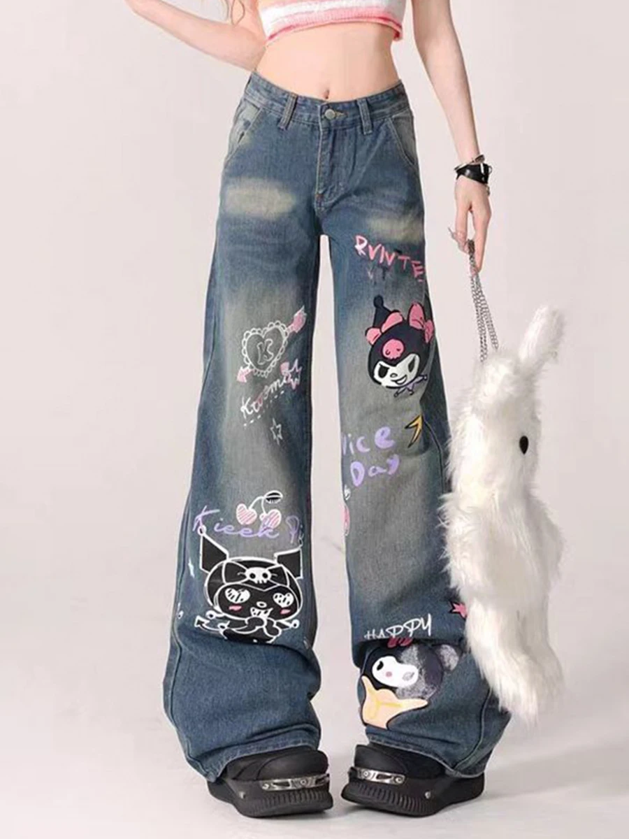 American-Style Blue Wide-Leg Jeans Women Spring/Summer New Japanese Sanrio Kuromi Printed High Street Hot Girl Bell-Bottom Pants