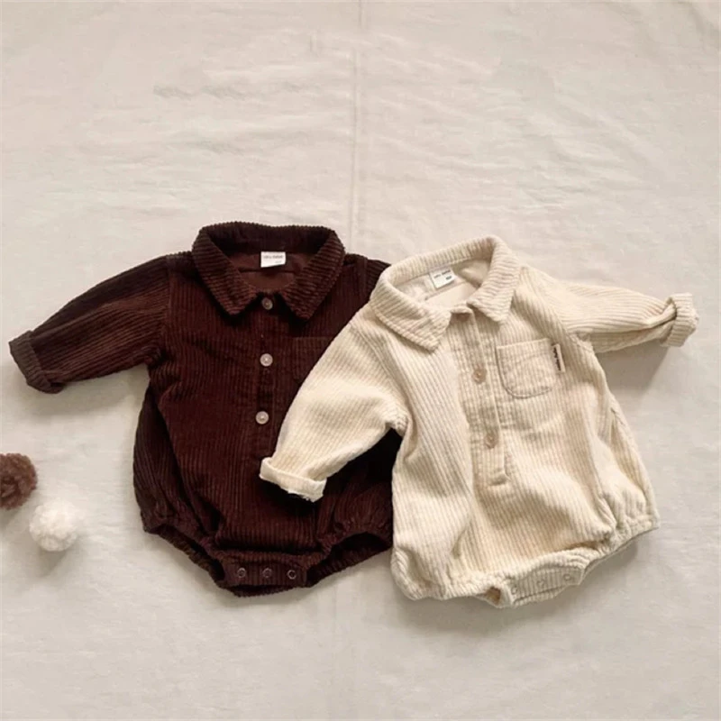 

2025 Long Sleeve Corduroy Bodysuit For Boy Girl Newborn Autumn New Baby Cute Lapel Jumpsuit Infant Casual Clothes 0-24m