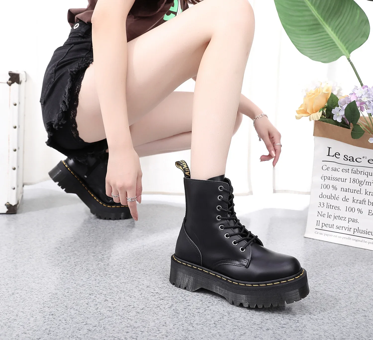 Original Frauen Plattform Stiefel Leder Männer Dicke Sohle Knöchel Sexy Weibliche Punk Motorrad Schuhe Kampf Booties Plus Größe