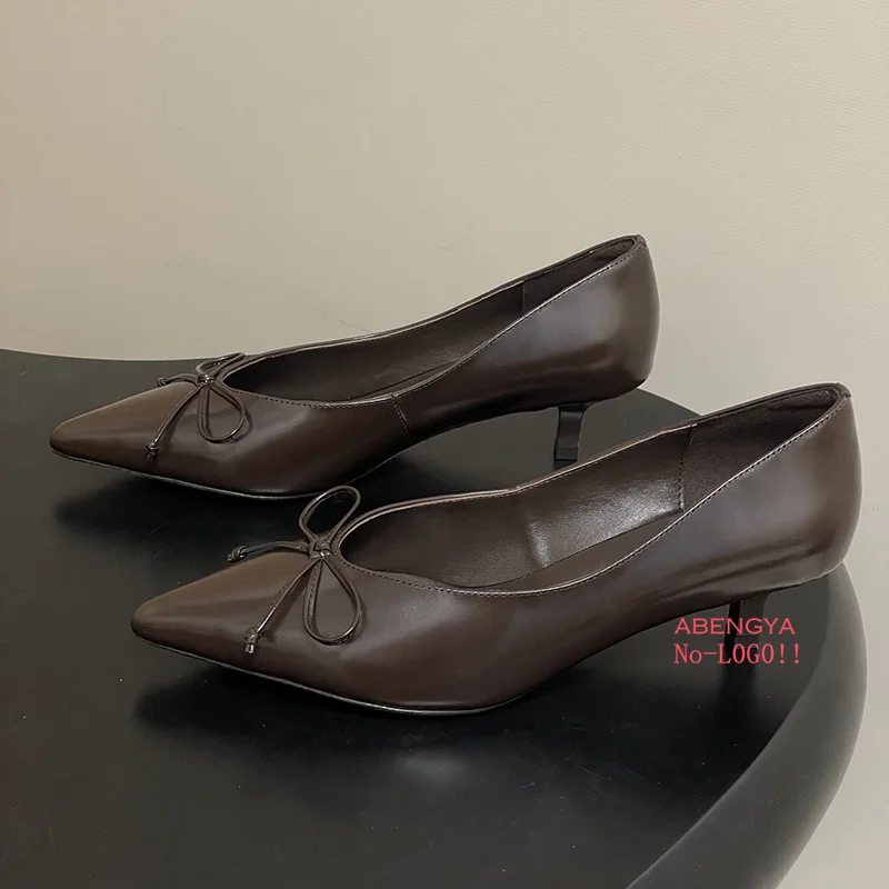 2025 Hot Sale White Leather High Heels Shoes Woman Pointy Toe Bow Knot Dress Shoes Autumn Sexy Party Banquet Bridal Shoes Women