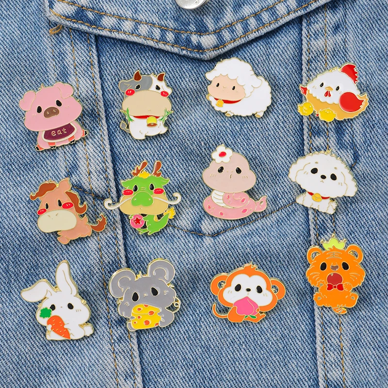 Cartoon Twelve Chinese Zodiac Signs Pins Cute Mouse Dragon Cow Horse Snake Rabbit Sheep Pig Dog Tiger Monkey Chicken Brooches