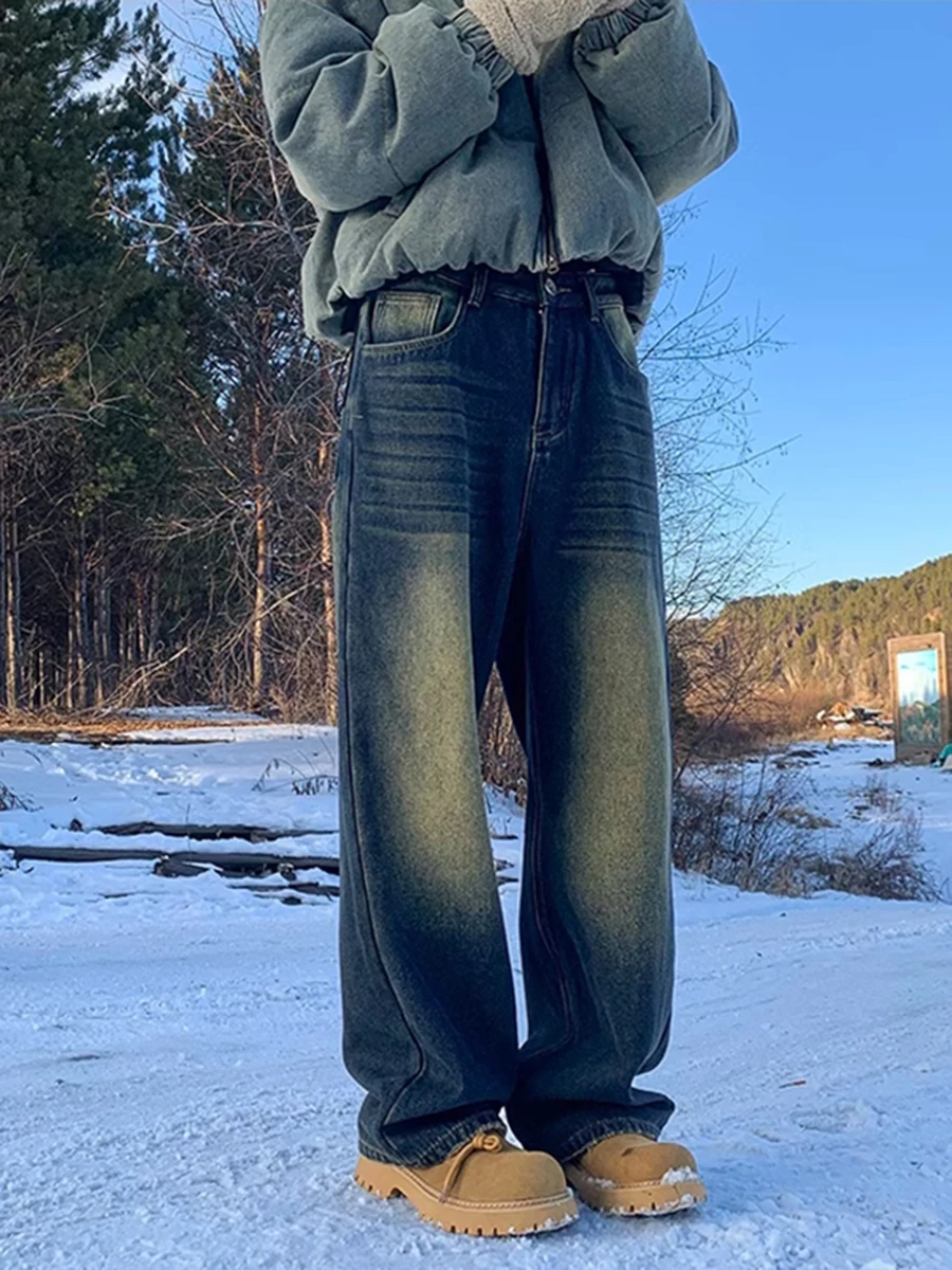 

Deep Blue Thiened Fce Lined Straight Leg Men's Jeans Winter Warm Trousers American High Street Waed Knife Denim