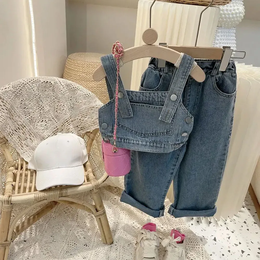 Girls Fashion Denim Set 2024 Spring Autumn New Korean Children\'s Tank Tops + High Waist Loose Wide Leg Jeans 2Pieces Suit