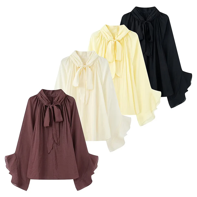 

Autumn New Women Shirt Bow Tied Blouse Woman Tops Lady Ruffles Flare Sleeve Loose Elegant Tops