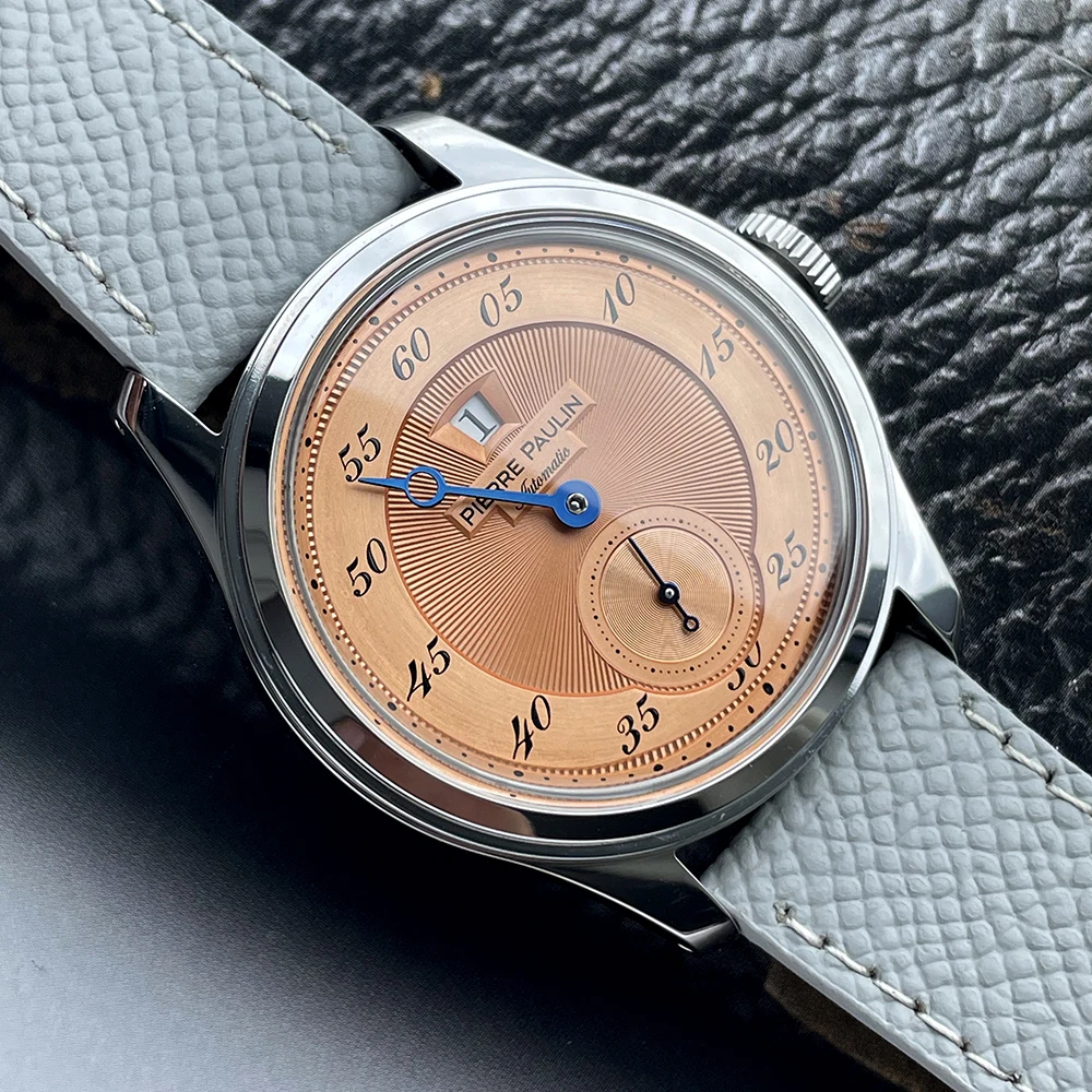 จุดสินค้าใหม่ Pierre Paulin กระโดดชั่วโมงนาฬิกาผู้ชาย Salmon Dial อัตโนมัติ St17 นาฬิกา Vintage วันที่หน้าต่าง 38 มม.