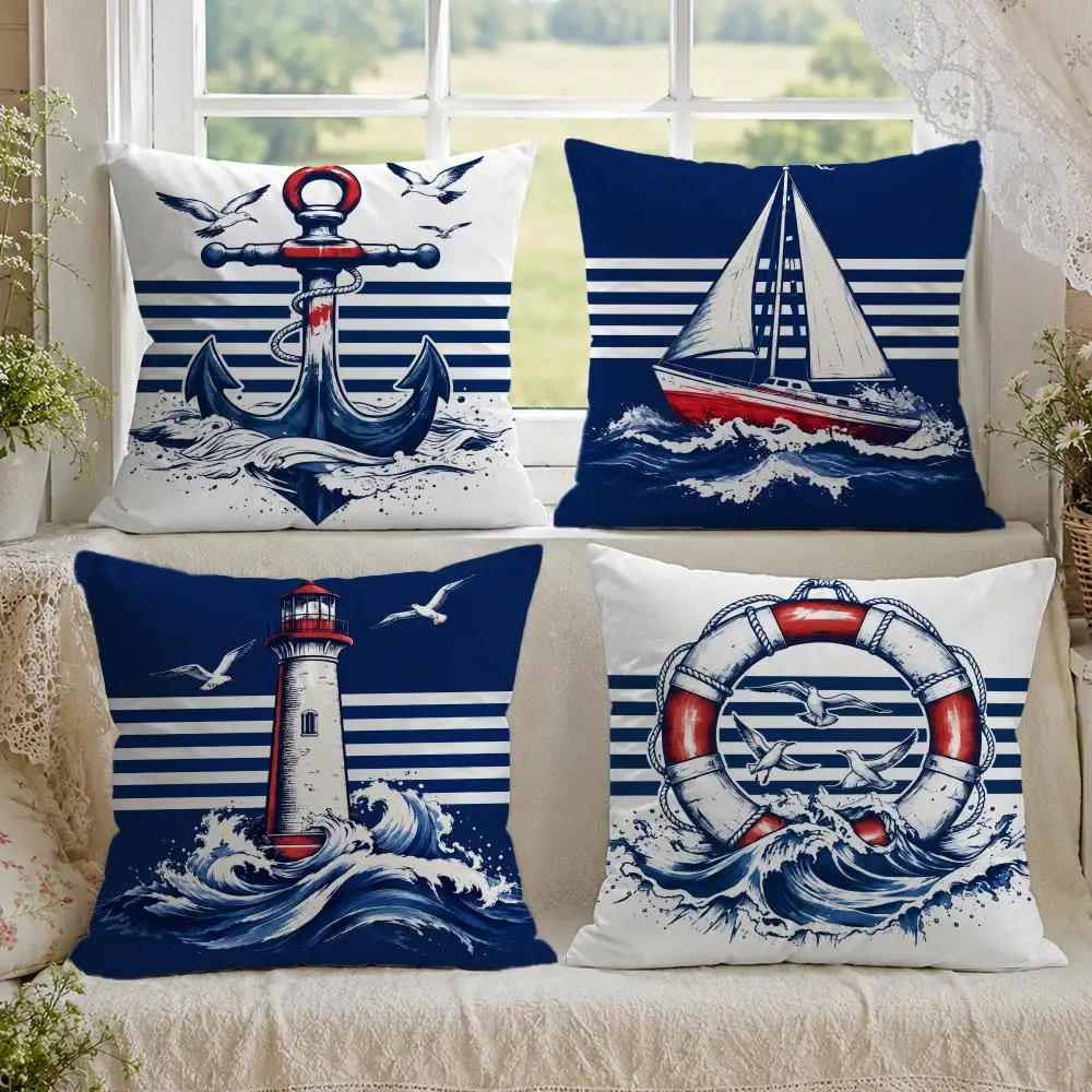 Nautical Ships Wheel Sailboat Lighthouse Cushion Cover 1/4PCS Linen Sofa Couch Bedroom Living Room Home Office Decor Pillow Case