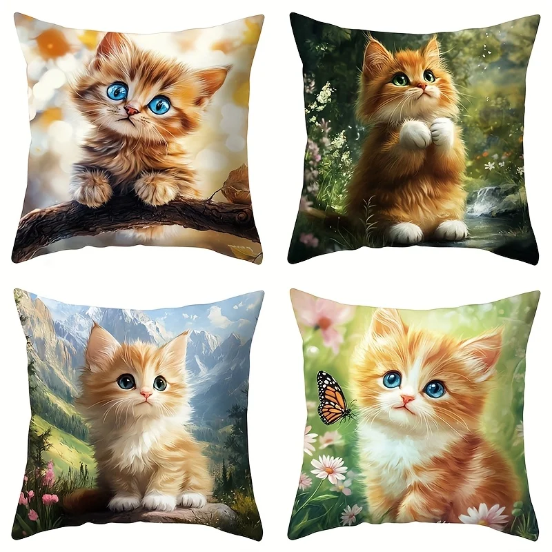 Juego  4 fundas  almohada con diseño  primavera que stacan gatos, mariposas y flores adorables, acogedoras y elegantes,